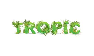 Vector illustration of word Tropic with capital letters stylized as a rainforest, with green branches, leaves, grass and bushes next to them, isolated on white