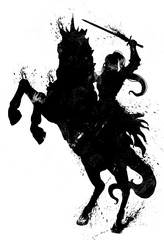 The blotchy silhouette of a female knight with a sword exulting astride a rearing horse . 2D illustration.