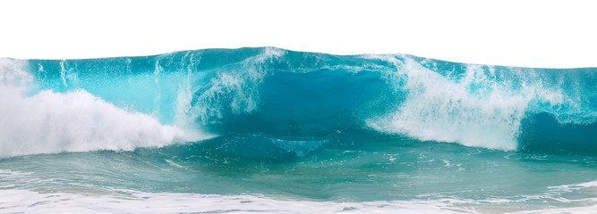 Wall Mural - Powerful ocean blue waves with white foam isolated on a white background. Wide format.