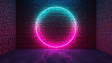 Circle Shaped Glowing Neon Frame On Brick Wall In Dark Room