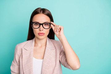 Sticker - Close-up portrait of her she nice-looking attractive lovely lovable winsome content straight-haired lady touching specs isolated over bright vivid shine blue green teal turquoise background