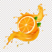 Juicy Orange Fruit In Realistic Orange Juice Splash