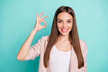 Canvas Print - Close-up portrait of her she nice-looking attractive lovely content cheerful straight-haired girl showing ok-sign ad advert isolated over bright vivid shine blue green teal turquoise background