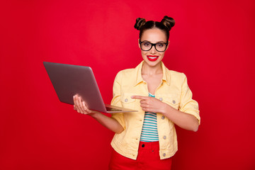 Sticker - Photo of pretty lady holding notebook hands advising best online service wear specs casual outfit isolated red background