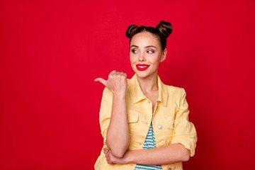 Poster - Photo of pretty lady look empty space enjoy sale prices wear casual stylish outfit isolated red background