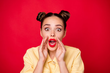 Sticker - Photo of pretty lady sharing rumours with crowd wear casual stylish outfit isolated red background