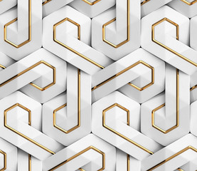 Wall Mural - 3D Wallpaper of white 3D panels geometric knot with gold decor. Shaded geometric modules. High quality seamless texture.