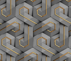 Wall Mural - 3D Wallpaper of gray 3D panels geometric knot with gold decor. Shaded geometric modules. High quality realistic seamless texture.