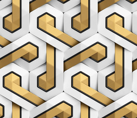Wall Mural - 3D Wallpaper of white 3D panels geometric knot with black decor stripes and golden element. Shaded geometric modules. High quality seamless texture.