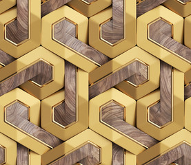 Wall Mural - 3D Wallpaper of gold 3D panels geometric knot with golden decor stripes and precious wood element. Shaded geometric modules. High quality seamless texture.