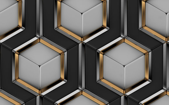 Wall Mural -  - 3D Wallpaper of 3D tiles made of white and black elements and gold with silver metal decor. High quality seamless realistic pattern.