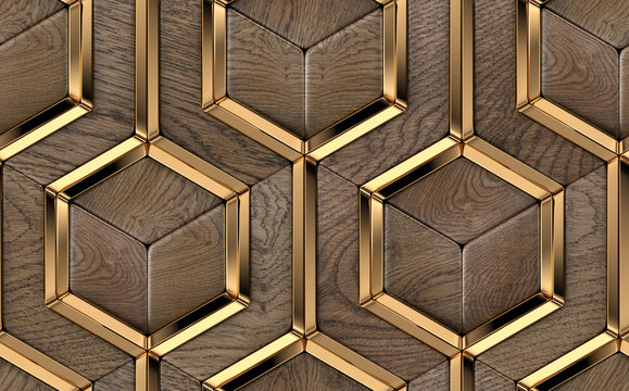 Wall Mural -  - 3D Wallpaper of luxury 3D tiles made of solid precious wood elements and gold metal decor elements. High quality seamless realistic pattern.