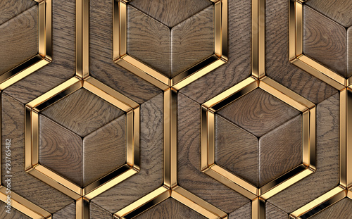 Dekoracja na wymiar  tapeta-3d-z-luksusowymi-plytkami-3d-wykonanymi-z-litego-drewna-szlachetnego-oraz-elementow-dekoracyjnych-w-kolorze-zlotym