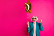 © deagreez - Portrait of her she nice-looking attractive lovely crazy overjoyed cheerful cheery gray-haired lady holding balloon having fun isolated on bright vivid shine vibrant pink fuchsia color background