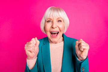 Canvas Print - Close-up portrait of her she nice attractive lovely cheerful cheery glad gray-haired lady wearing blue green jacket great news isolated on bright vivid shine vibrant pink fuchsia color background