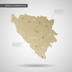  Stylized vector Bosnia and Herzegovina map.  Infographic 3d gold map illustration with cities, borders, capital, administrative divisions and pointer marks, shadow; gradient background.