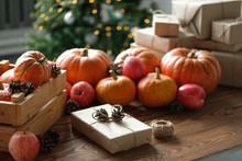 Gift Boxes With Pumpkins Garlands Holiday Concept.