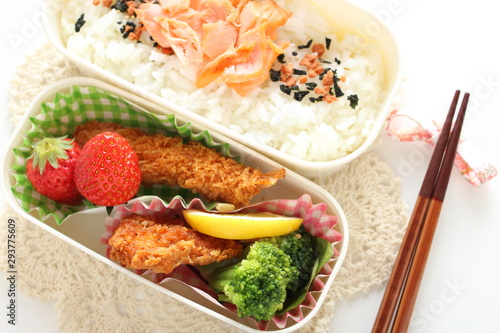 Japanese bento packs lunch, salmon and rice with cutlet © jreika