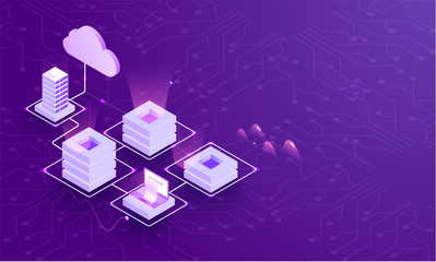 Canvas Print - isometric local servers and laptop connected with cloud server on purple neural network background f