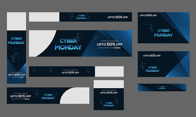 Collection of Cyber Monday sale banner, poster and template design with 50% discount offers and space for your product image.