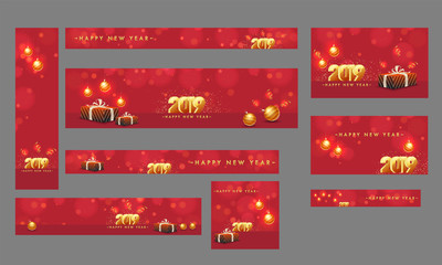 Wall Mural - Social media banner and poster set, 3d golden text 2019 on red blurred background decorated with hanging baubles and gifts boxes for Happy New Year celebration concept.