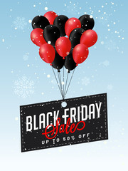 Sticker - Illustration of red and black balloons flying on snowfall background, 50% discount offer for Black Friday Sale.