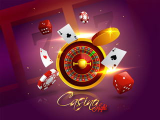 Sticker - Casino Night background with 3D Chips, Coins, Dice, Roulette Wheel and Playing cards on shiny purple background.