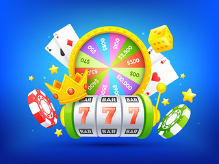 Wall Mural - 3D illustration of slot machine, roulette wheel, playing cards and casino chips on blue background for gambling night celebration concept.