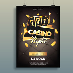 Canvas Print - Casino Night party template design with realistic gold coins and slot machine on black leather background.