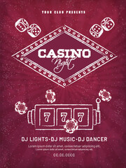 Poster - Retro style Casino Night party template design with slot machine and casino chips illustration.