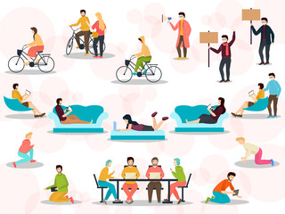 Sticker - Group of people, male and female performing indoor and outdoor activities. Flat style people character set.