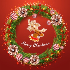 Sticker - Christmas wreath with sticker style reindeer on red background for Merry Christmas celebration greeting card design.