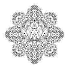 Circular Pattern In Form Of Mandala With Lotus Flower For Henna, Mehndi, Tattoo, Decoration. Decorative Ornament In Ethnic Oriental Style. Outline Doodle Hand Draw Vector Illustration.