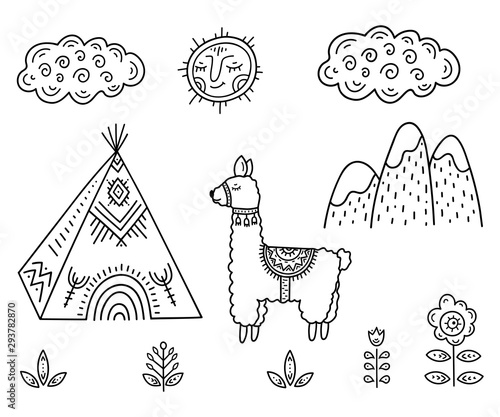 Funny Cartoon Children S Coloring Lama About Indian Homes Tipi In The Mountains Among Flowers Under Smiling Sun And Cloud Scandinavian Style Children S Drawing Folk Art Stock Vector Adobe Stock