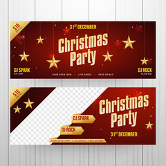 Poster - Set of Christmas Party poster decorated with golden stars on brown background and place for your image. Advertising header or banner design.