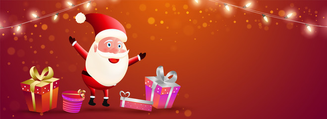 Poster - Merry Christmas celebration header or banner design with santa clause character and gift boxes on brown bokeh background decorated with lighting garlands.