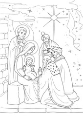 Christmas. Coloring page with baby Jesus, Mary Joseph, three wise men. Black and white.