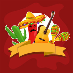 Wall Mural - Cartoon character of red chilli wearing sombrero hat and guitar on brown background poster or flyer design.