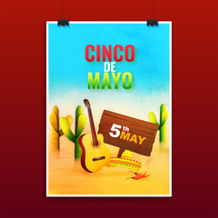 Wall Mural - Cinco De Mayo party celebration on date of 5th may poster or greeting card design, decoration of cactus, guitar and red chilli.