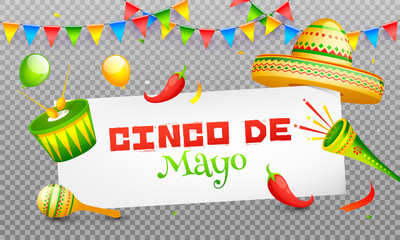 Wall Mural - Cinco De Mayo celebration header banner or poster design on png background with music instrument, sombrero hat and red chilli. mexican fiesta party.