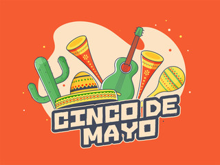 Canvas Print - Retro orange background poster or flyer design for Cinco De Mayo party celebration, with music instrumental, sombrero hat and cactus plant.