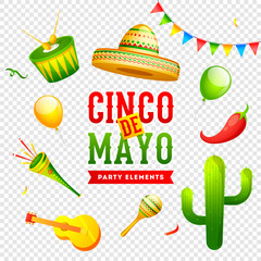 Wall Mural - Cinco De Mayo celebration banner or poster design on png background with music instrument, sombrero hat and red chilli. mexican fiesta party.