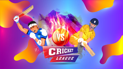 Wall Mural - Cricket league poster or banner design, cricketers in playing action on glossy fluid art background.