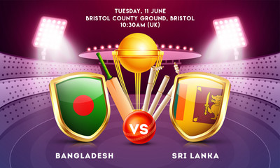 Banner or poster design with cricket tournament participant country Bangladesh vs Sri Lanka and cricket equipments on night stadium view background.