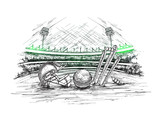 Fototapeta Sport - Cricket stadium view with illustration of cricket helmet, ball and stumps in hand drawn style for Cricket tournament poster or banner design.