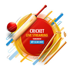 Poster - Live Streaming Cricket banner or poster design with cricket equipments and abstract elements on white background.