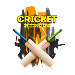 Sticker - Poster or flyer design for Cricket Championship with illustration of bat and batsmen on paint stroke background.