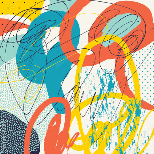 Creative doodle hand drawn art header with different shapes and textures. Col...