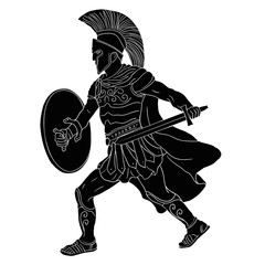 Ancient Greek warrior with a sword and a shield in his hands in battle. Human figure isolated on a white background.