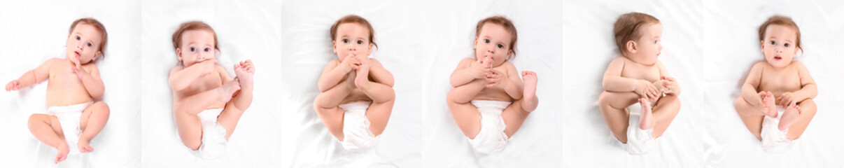 Cute little baby crawling on white background